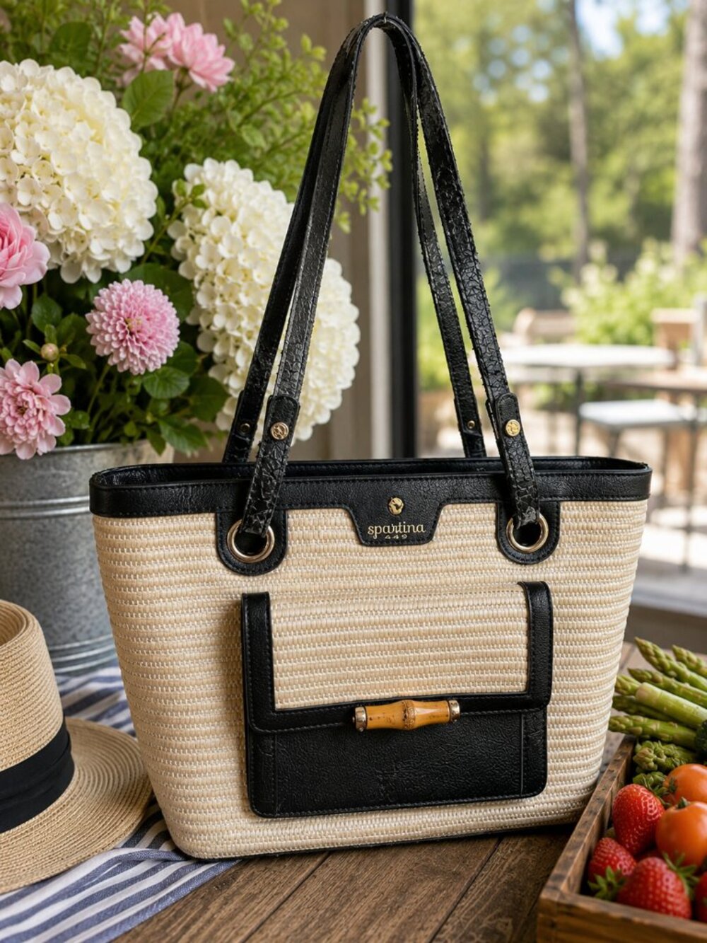 Spartina 449 Ebony Bamboo Chic Straw Tote Black Leather Bamboo Accent
